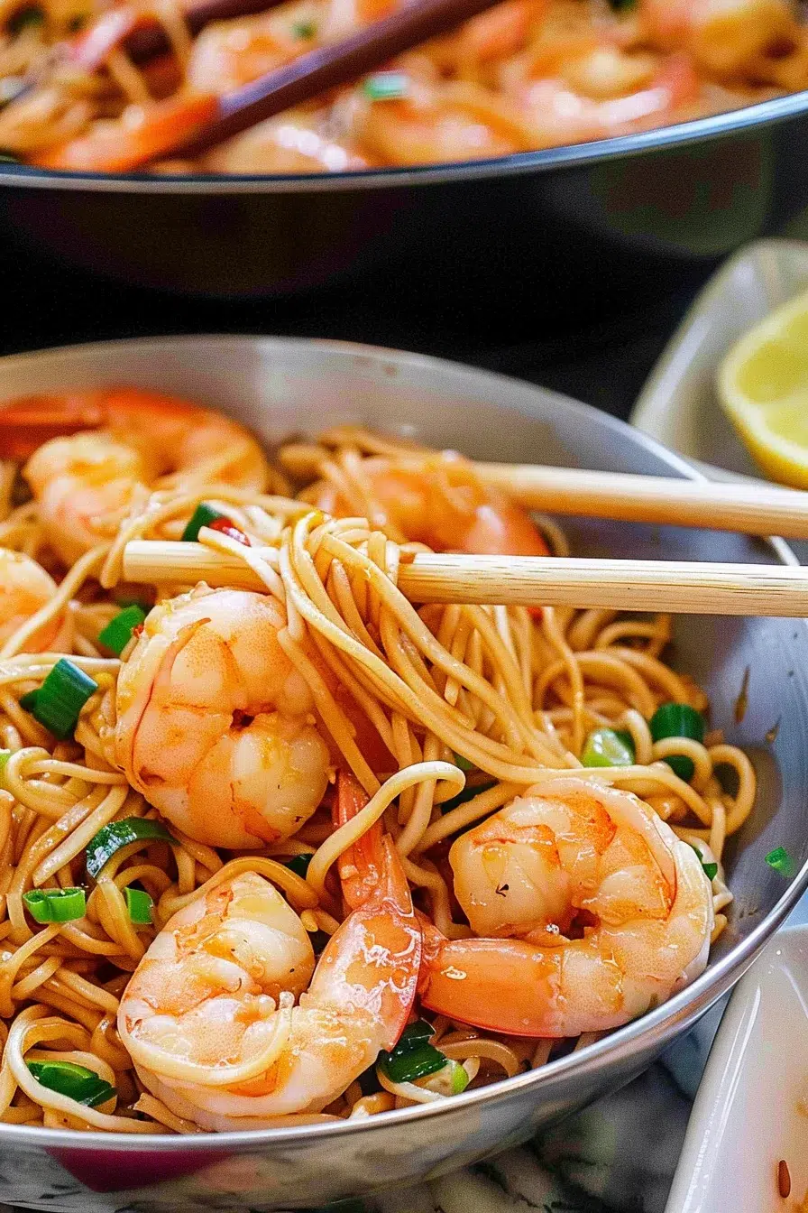 Shrimp lo mein being served in a bowl, with noodles wrapped around chopsticks and large shrimp resting on top for a final presentation.