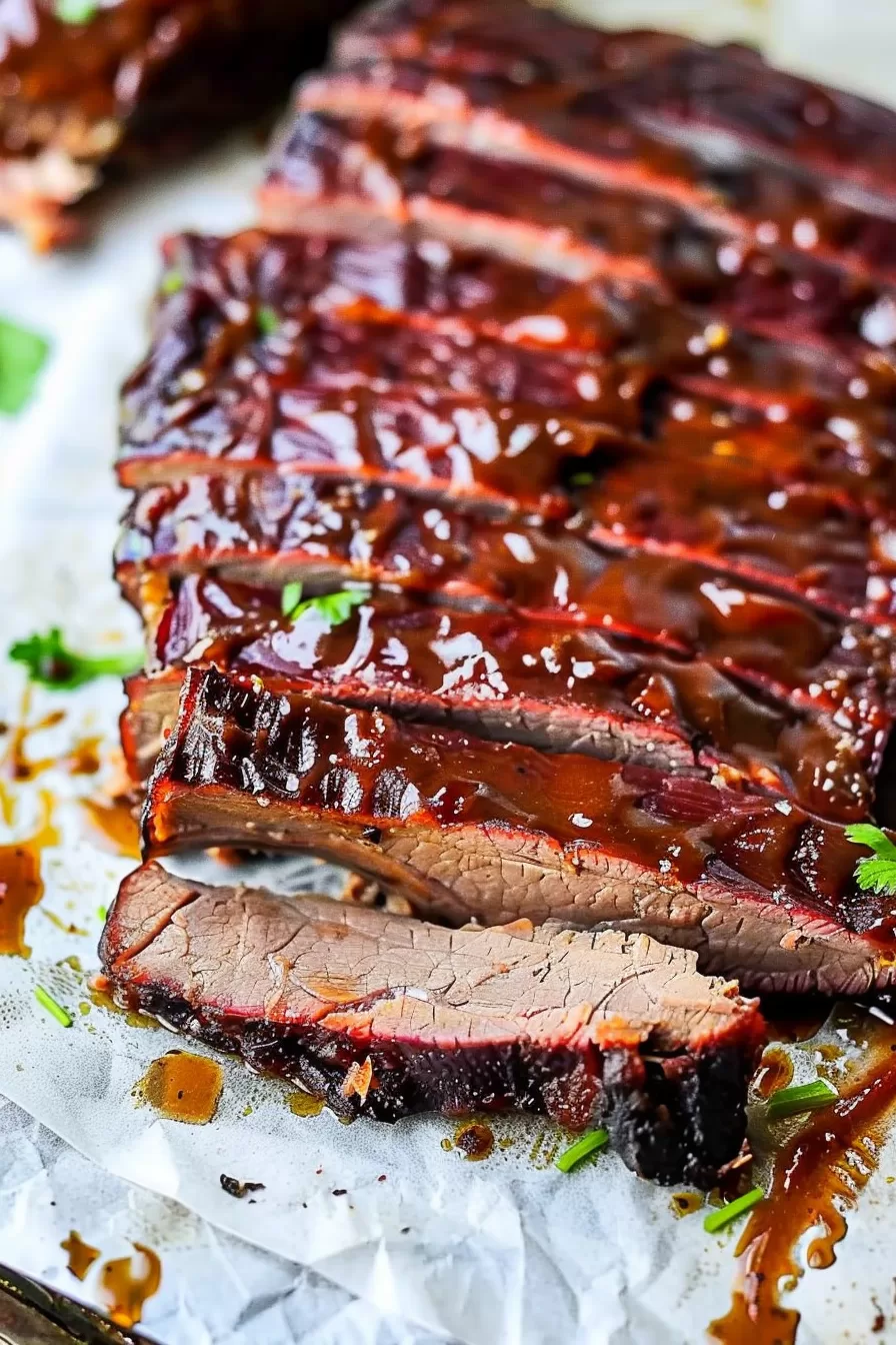 Tender beef brisket slices with a glossy barbecue glaze, arranged on parchment paper with sauce drippings.