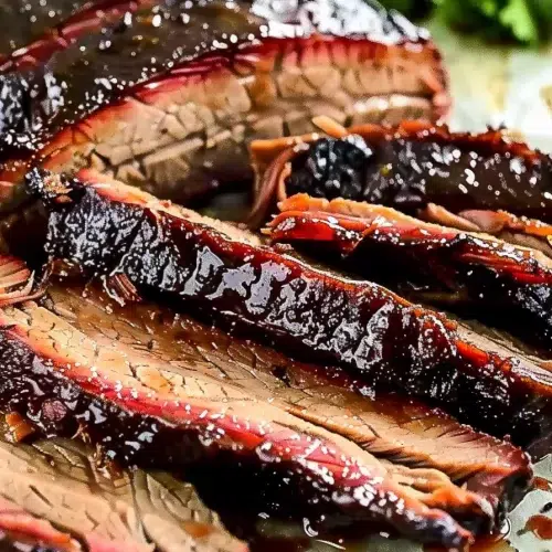 Close-up of sliced beef brisket with a caramelized crust, drizzled with barbecue sauce, and garnished with fresh herbs.