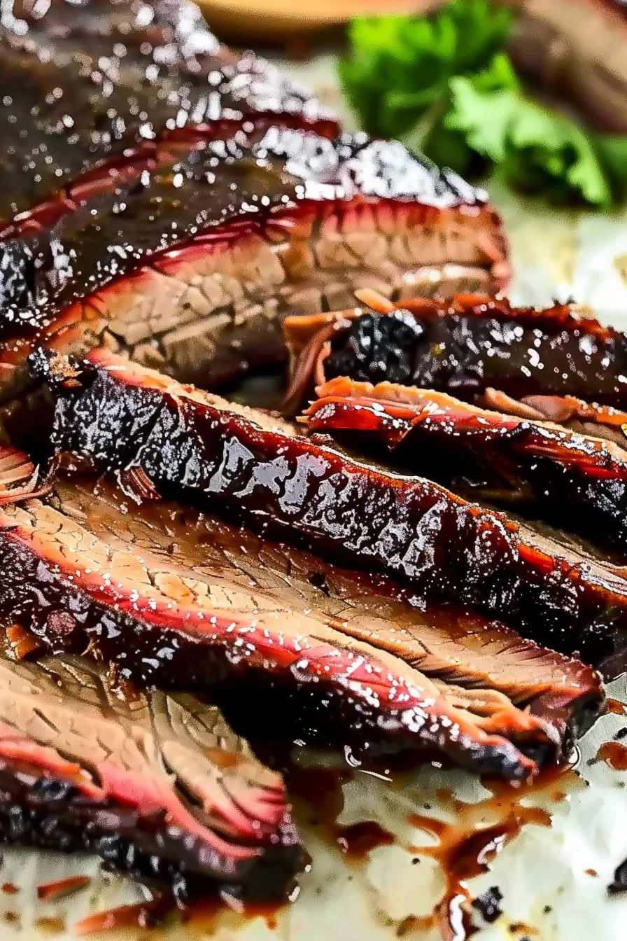 Close-up of sliced beef brisket with a caramelized crust, drizzled with barbecue sauce, and garnished with fresh herbs.