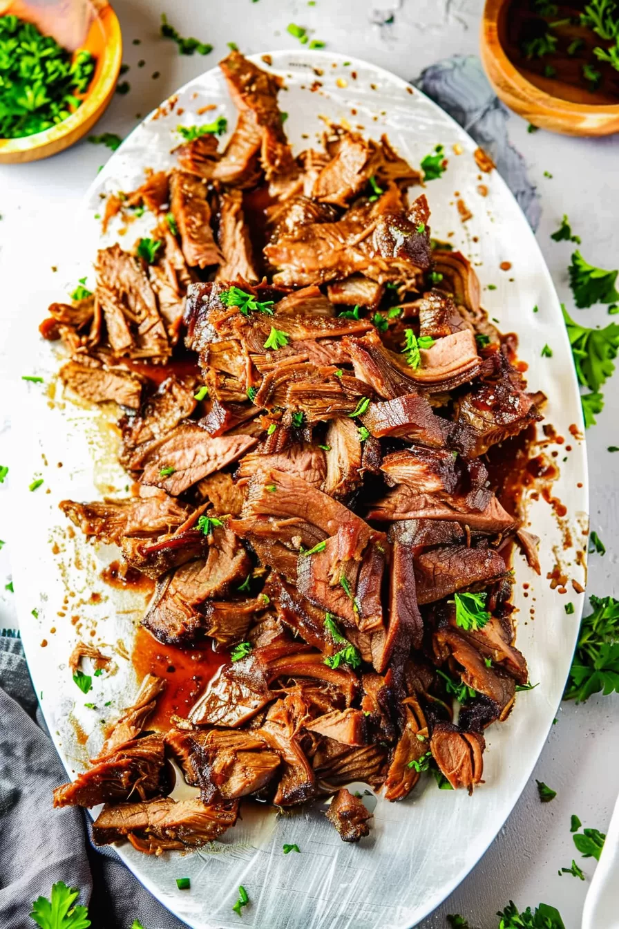 Pulled slow-cooked beef brisket served on a white platter, garnished with fresh parsley and a side of dipping sauce.