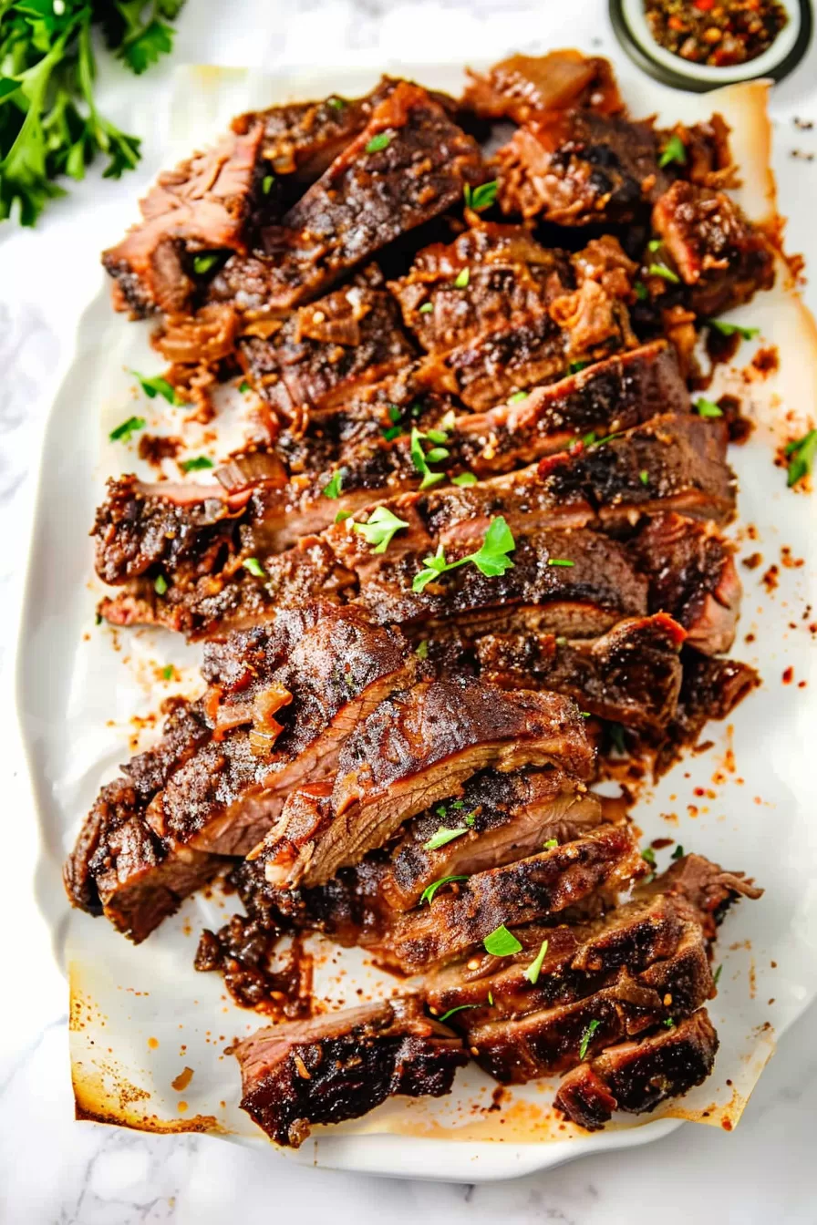 Shredded slow cooker beef brisket with barbecue sauce and seasoning, plated with sauce drippings and a sprinkle of parsley.