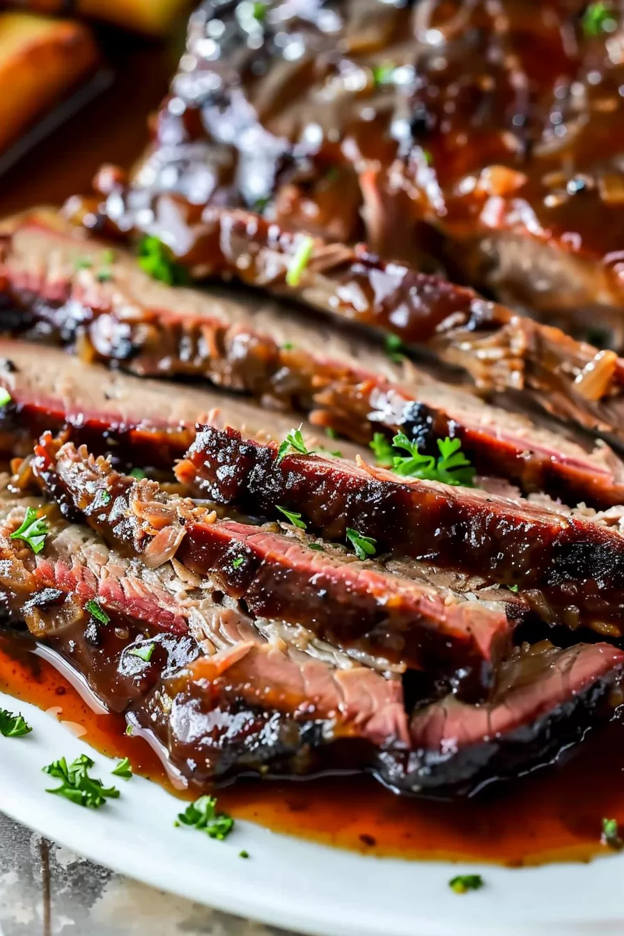 Juicy slices of slow-cooked beef brisket with a smoky glaze, artfully arranged on a serving platter with herbs.