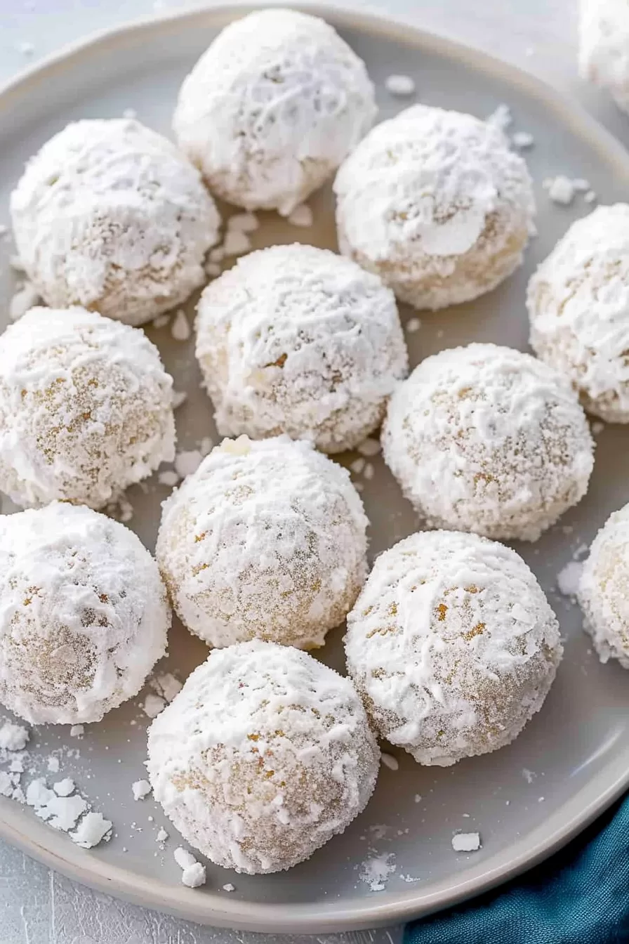 A plate of round, powdered sugar-covered cookies with a crumbly texture, beautifully arranged for a festive dessert display.