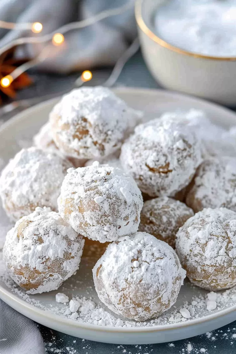 Freshly baked cookies coated in powdered sugar, artfully stacked on a serving plate with a dusting of sugar scattered around.