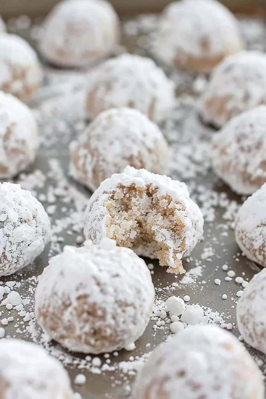 Close-up of a bite taken out of a delicate cookie, revealing a soft, nutty interior beneath a coating of powdered sugar.