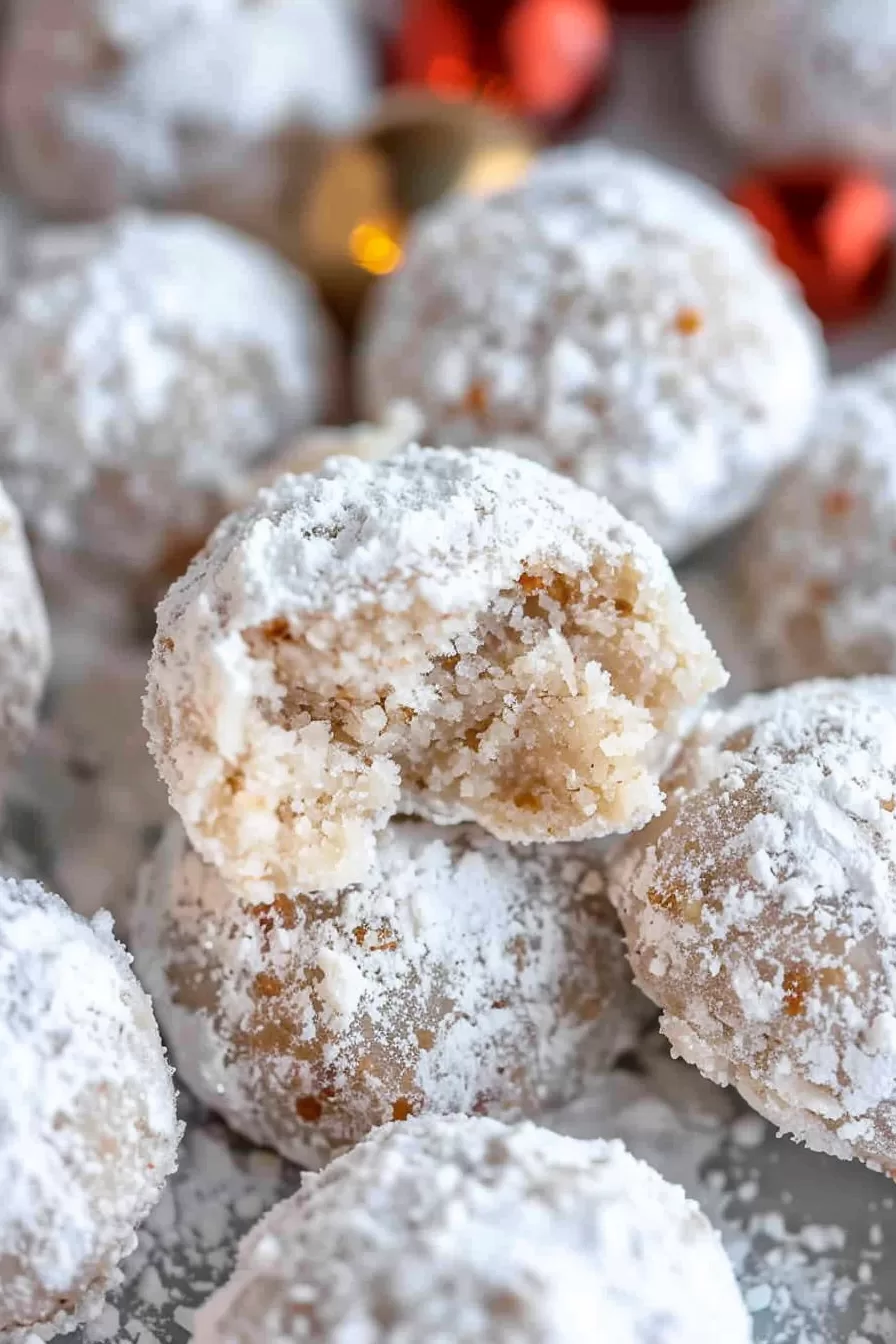 A holiday dessert spread featuring snowball cookies, dusted generously with powdered sugar, alongside festive decorations.