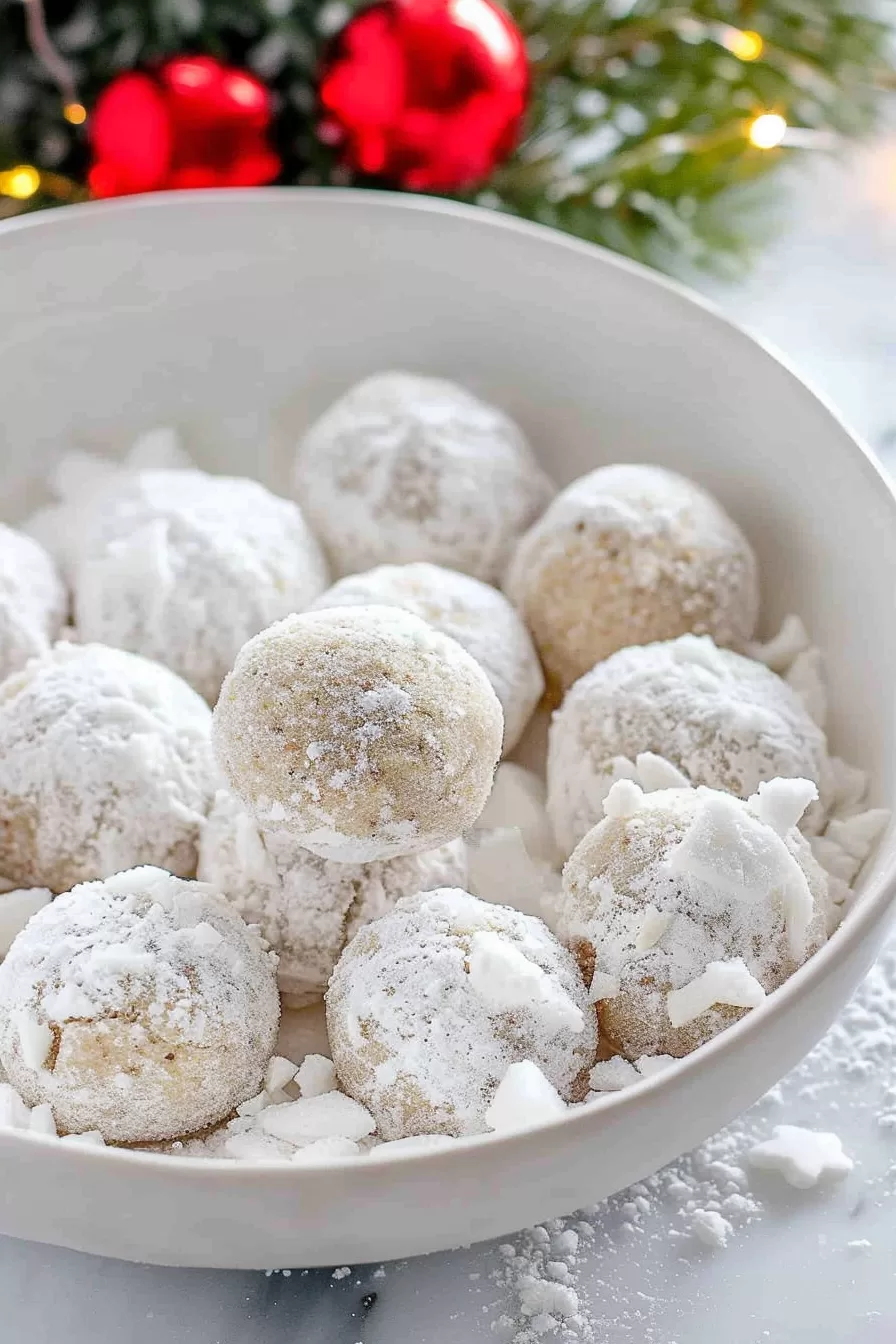 A festive bowl of homemade snowball cookies, each cookie coated with a thick layer of powdered sugar, perfect for the holidays.