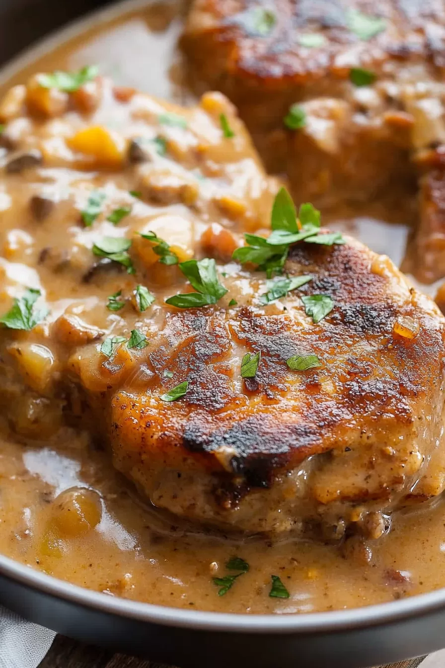 Tender pork chops smothered in a rich, thick gravy with caramelized onions, served alongside fluffy rice in a black skillet.