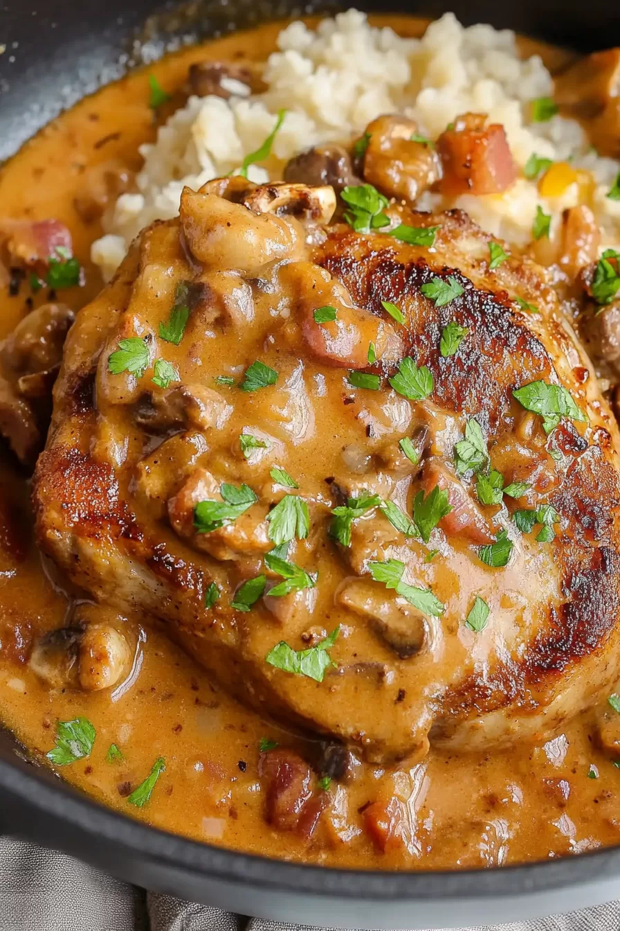 A close-up of juicy pork chops seared to golden perfection, covered in a creamy, savory gravy with fresh herbs sprinkled on top.