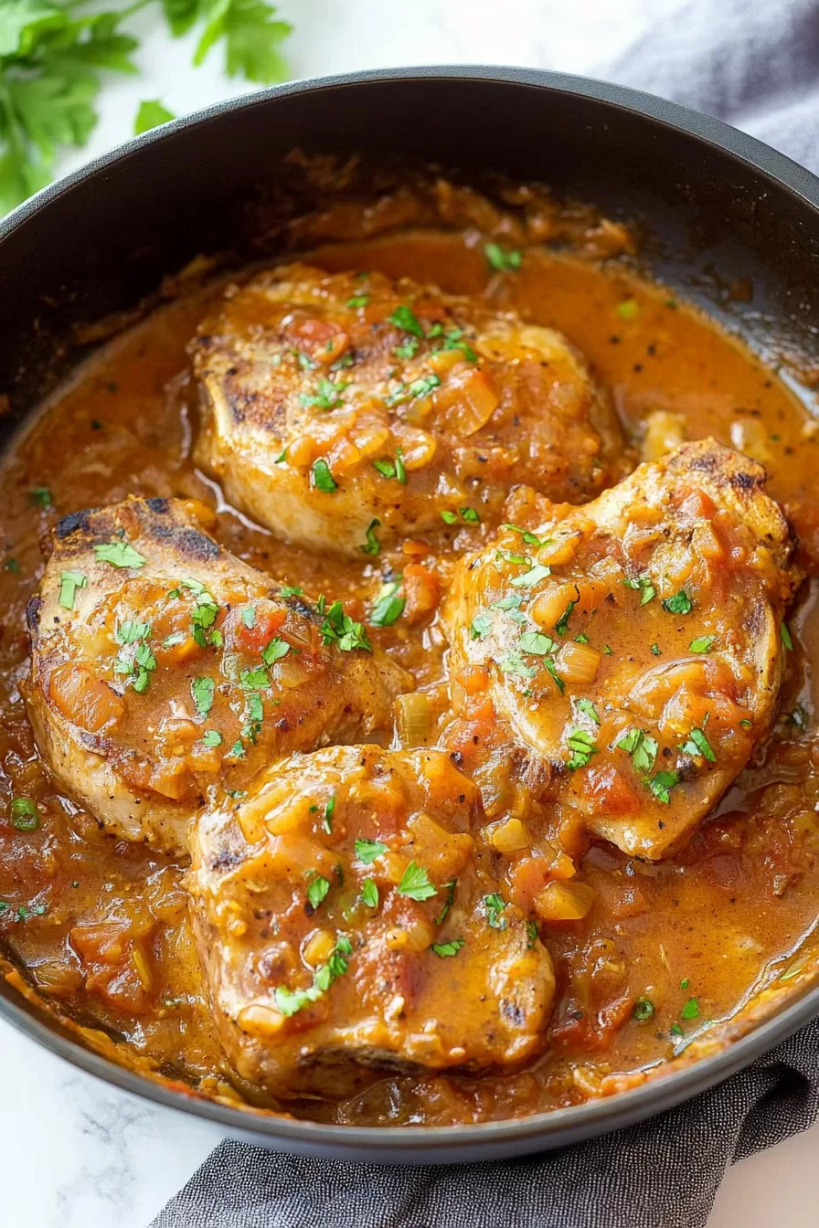 Overhead shot of pork chops simmering in a deep skillet, surrounded by a thick, Southern-style onion and herb gravy.