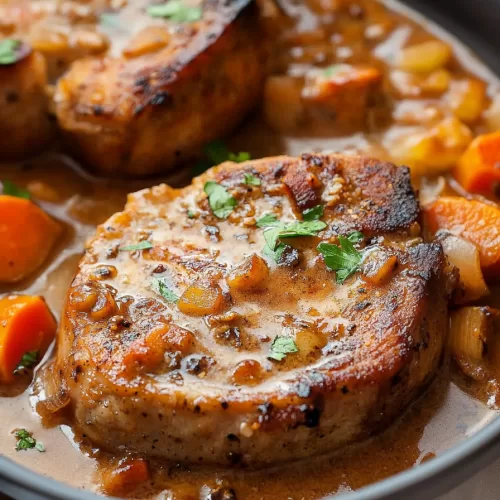 A plate showcasing a perfectly seared pork chop bathed in a velvety gravy with diced carrots, onions, and fresh herbs.