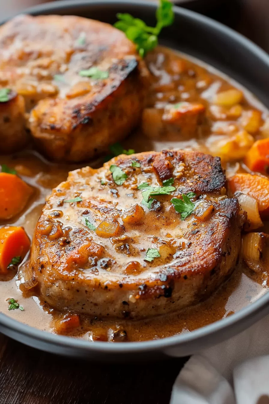 A plate showcasing a perfectly seared pork chop bathed in a velvety gravy with diced carrots, onions, and fresh herbs.