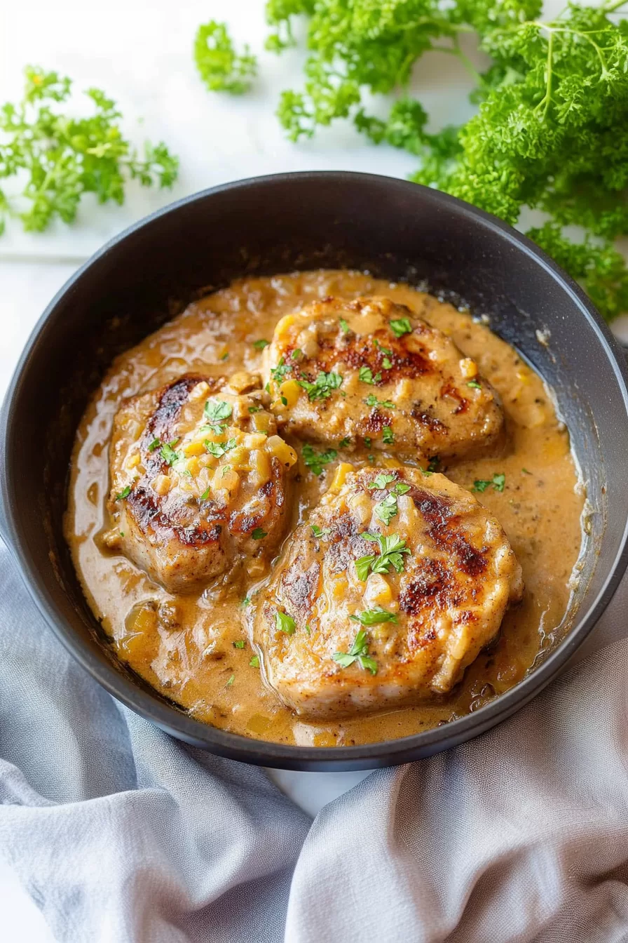 Three pork chops simmering in a skillet filled with a flavorful, brown onion gravy and garnished with fresh parsley.