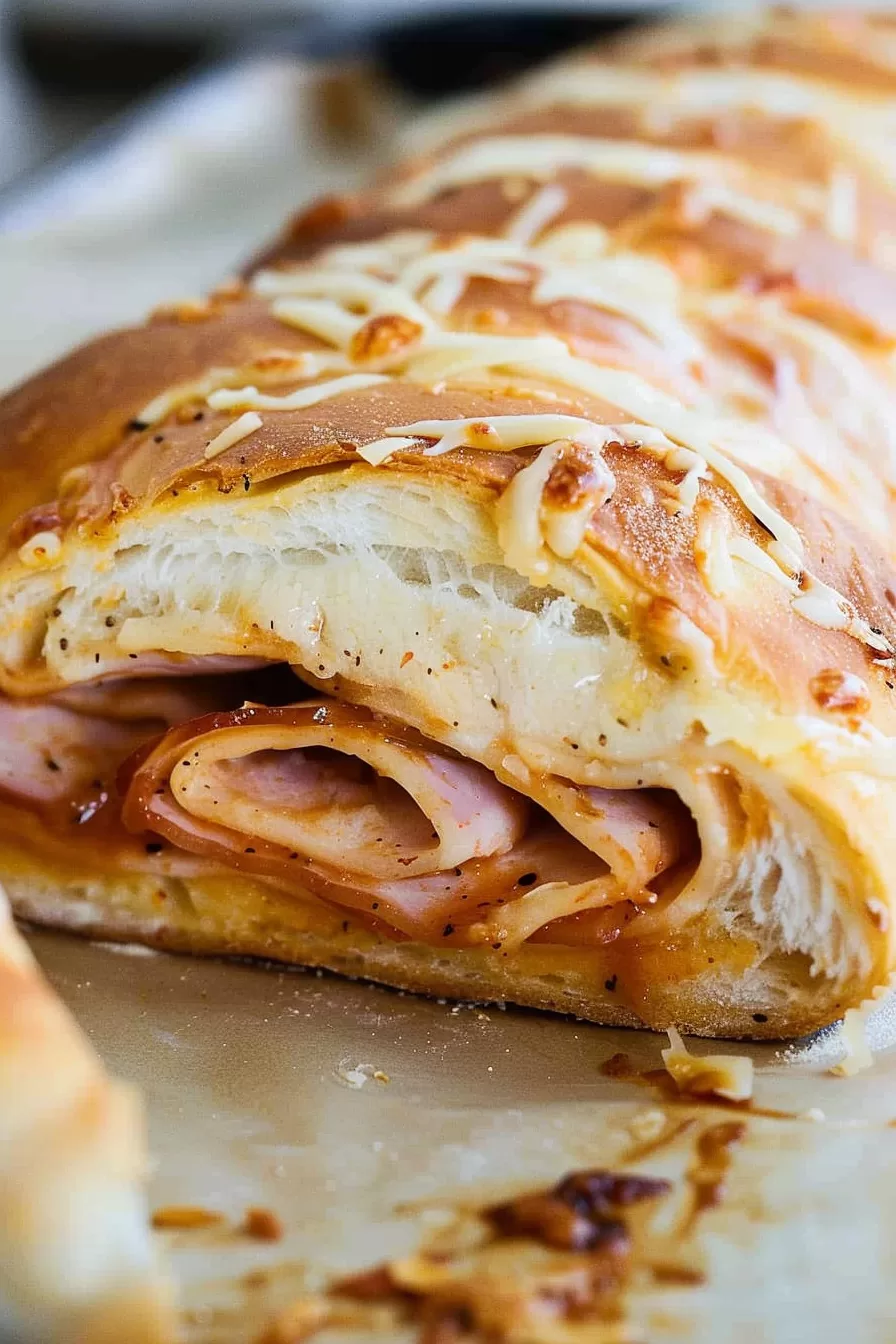 Close-up of a freshly baked Stromboli with layers of ham, melted cheese, and golden, flaky crust.