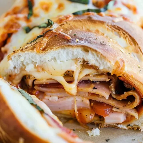 Sliced Stromboli showcasing gooey melted mozzarella and perfectly folded deli meat inside golden brown bread.