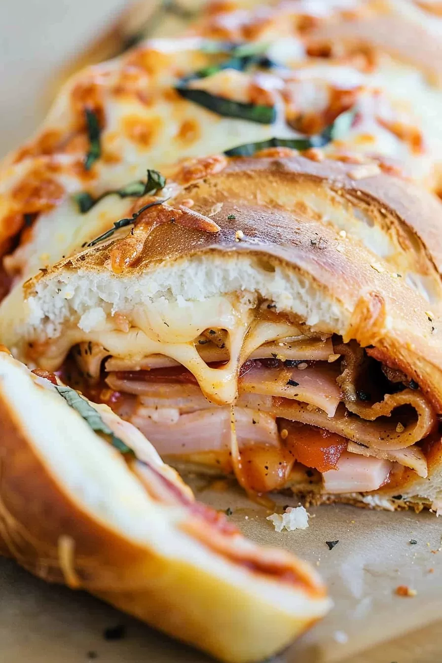 Sliced Stromboli showcasing gooey melted mozzarella and perfectly folded deli meat inside golden brown bread.