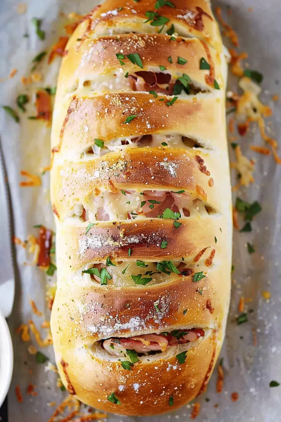 Overhead shot of a whole baked Stromboli loaf with a crispy, golden crust, garnished with herbs and cheese.