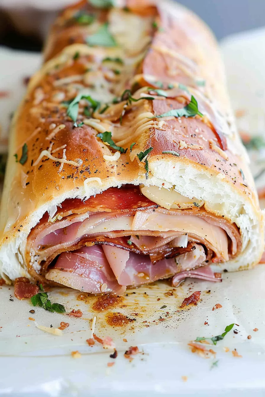 Cross-section of a Stromboli slice revealing layers of pepperoni, ham, and mozzarella cheese inside a crispy crust.