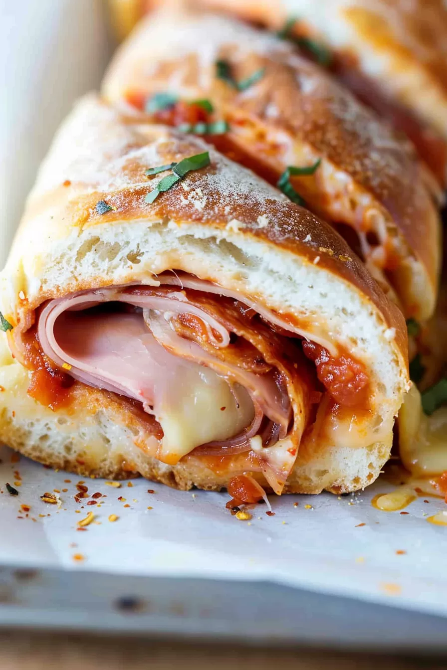 Baked Stromboli with a beautifully browned top, fresh herbs, and a visible cheesy filling spilling out slightly.