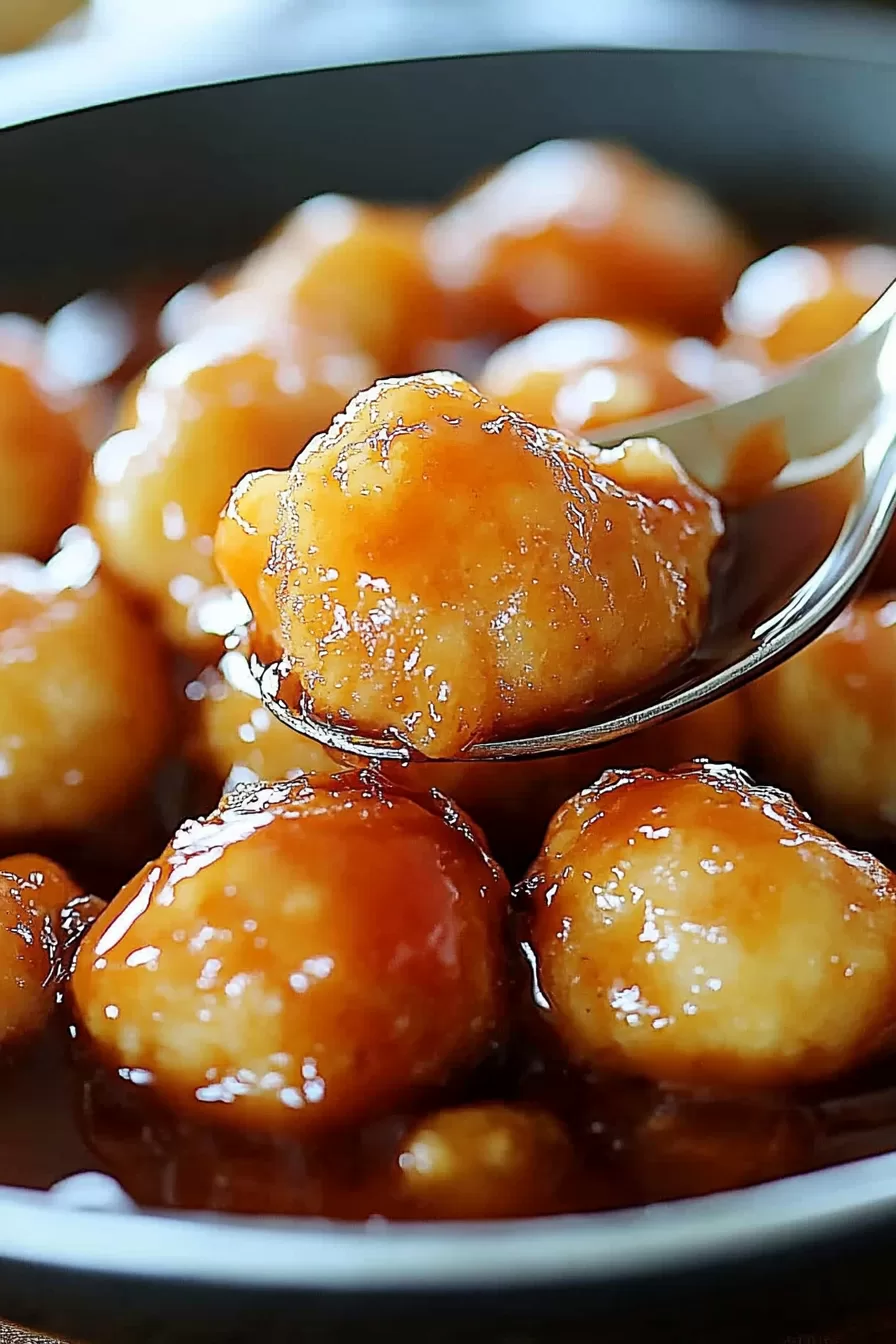 A close-up shot of a golden, crispy chicken ball glazed with a thick, sweet and tangy sauce, lifted by a spoon.