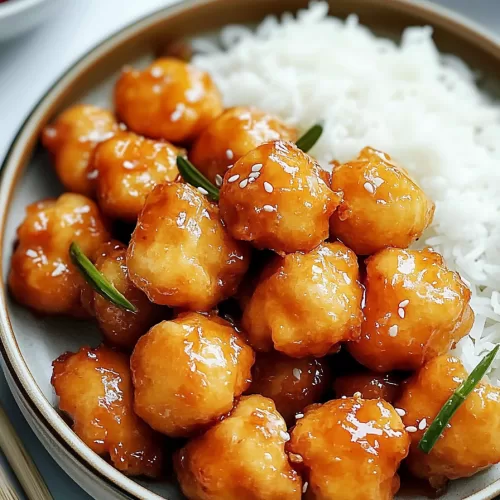 A serving plate featuring glistening glazed chicken bites sprinkled with sesame seeds and paired with steamed white rice.