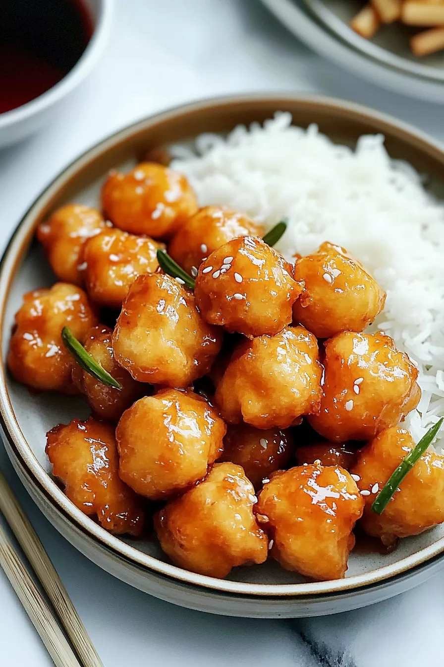 A serving plate featuring glistening glazed chicken bites sprinkled with sesame seeds and paired with steamed white rice.