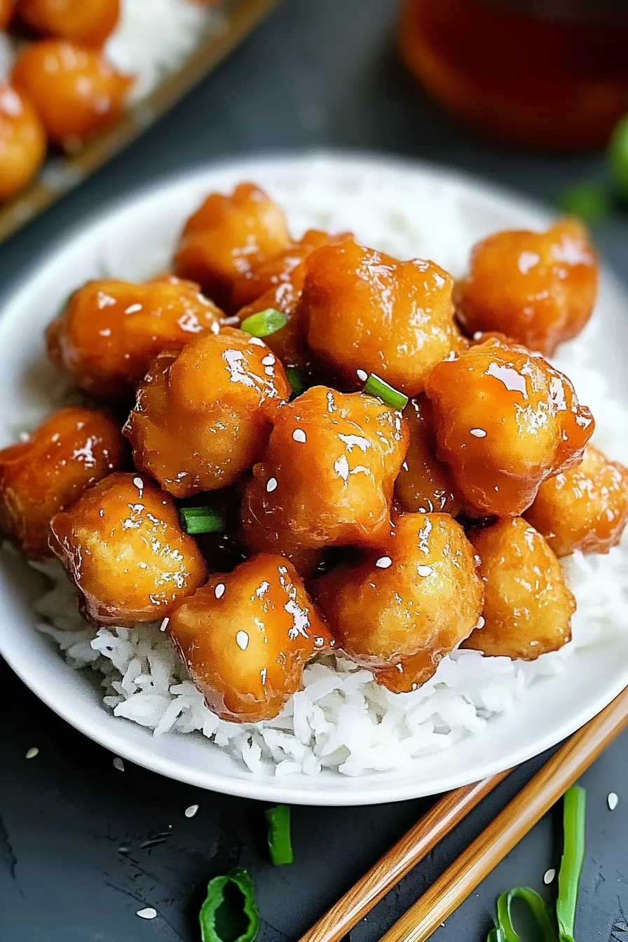 Juicy fried chicken balls coated in a vibrant orange sauce, served over a bed of rice with a touch of green garnish.