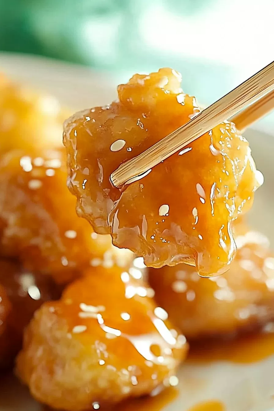 A perfectly glazed chicken bite held by chopsticks, highlighting the sticky, glossy texture of the sauce.