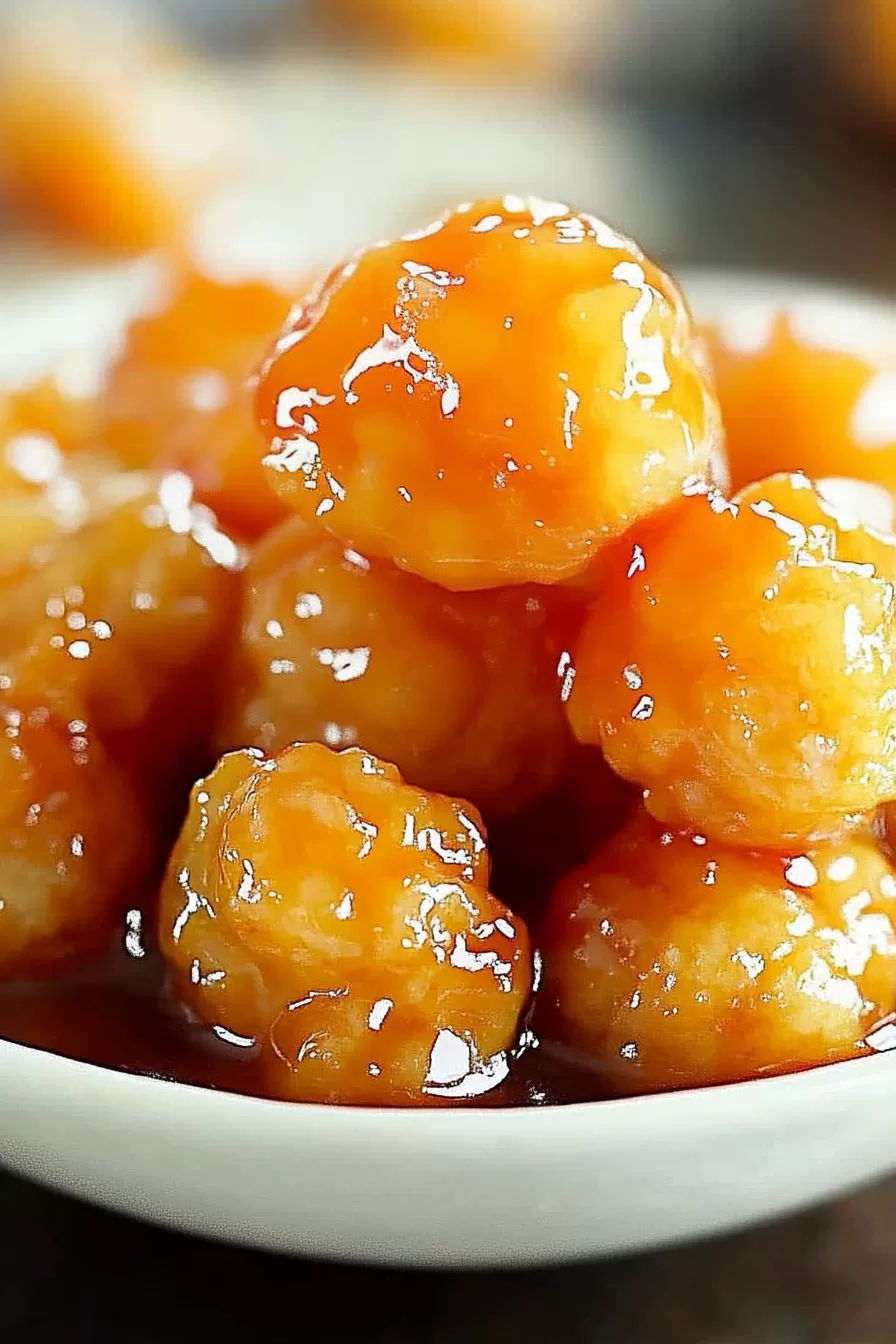 A bowl piled high with saucy, golden chicken balls, each one coated in a rich, sweet, and sour glaze.