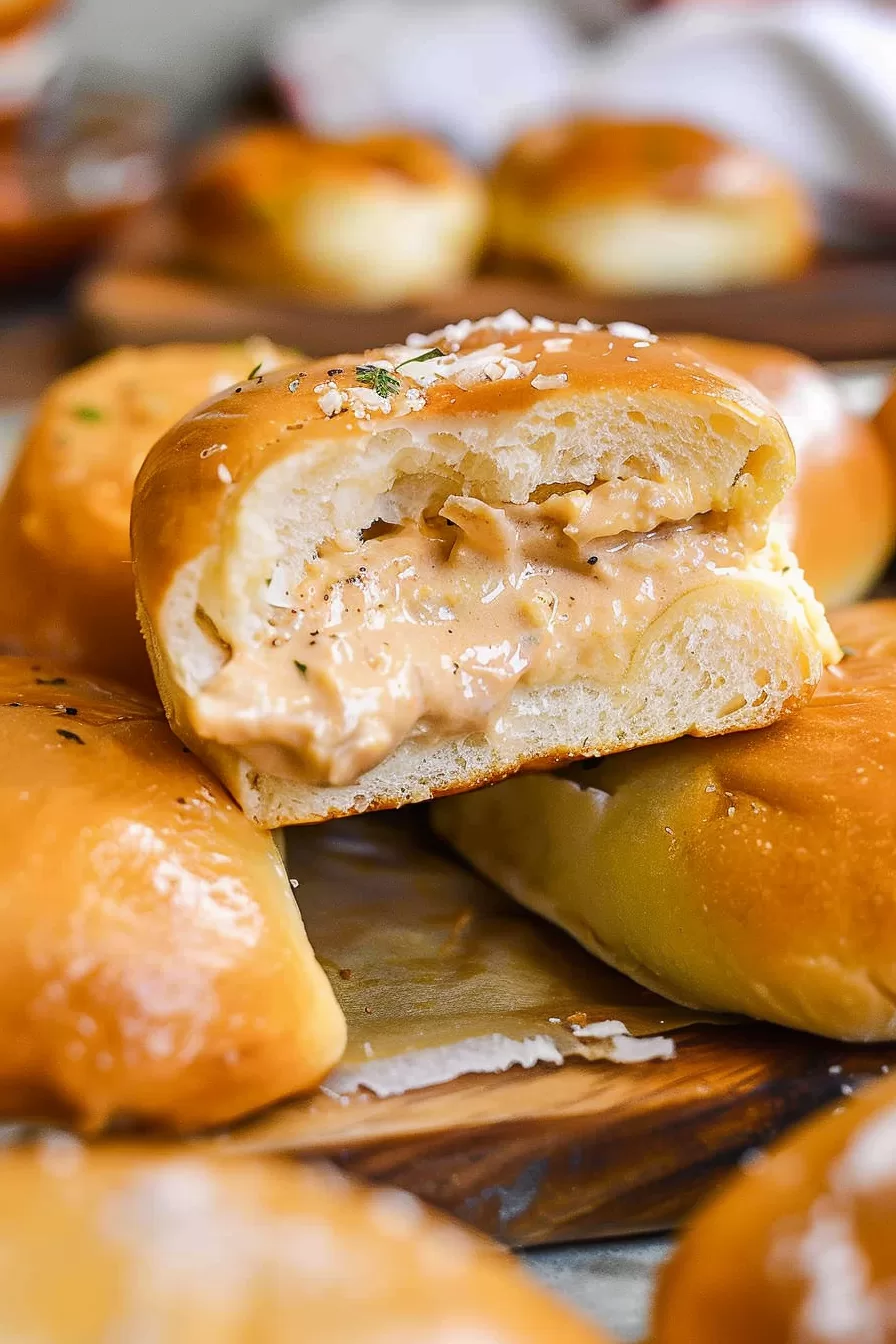 Platter of golden brown dinner rolls, one broken open to reveal a rich, cheesy filling.