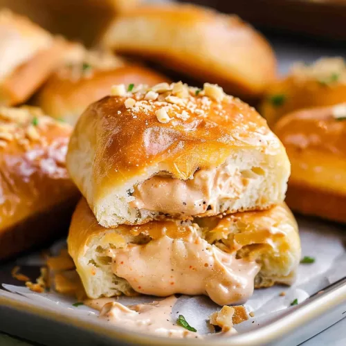 Freshly baked dinner roll with a creamy, savory filling oozing out after being sliced open.