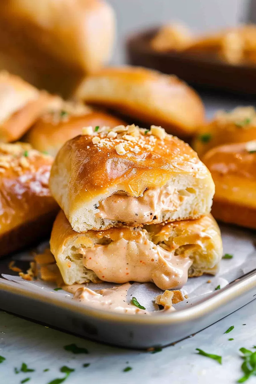 Freshly baked dinner roll with a creamy, savory filling oozing out after being sliced open.