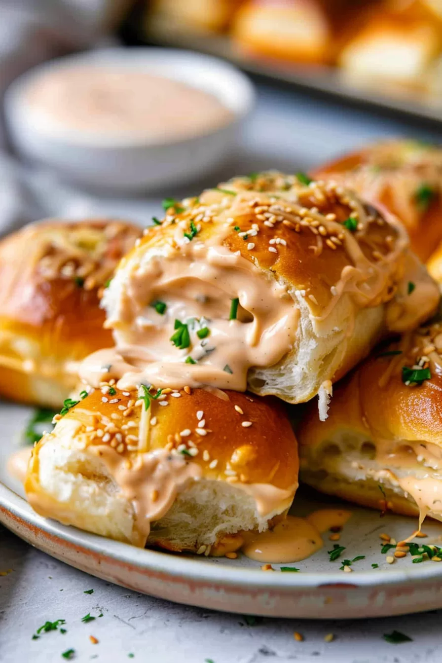 A glazed dinner roll topped with sesame seeds and chopped herbs, with a creamy sauce drizzling out.