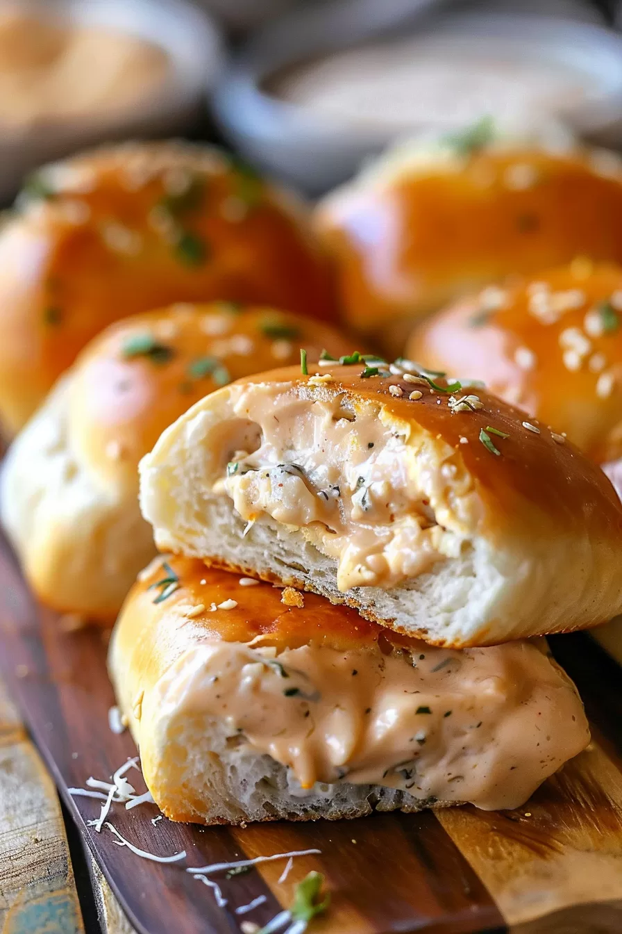 Warm, buttery rolls with a smooth, golden crust served on a wooden board, perfect for dipping.