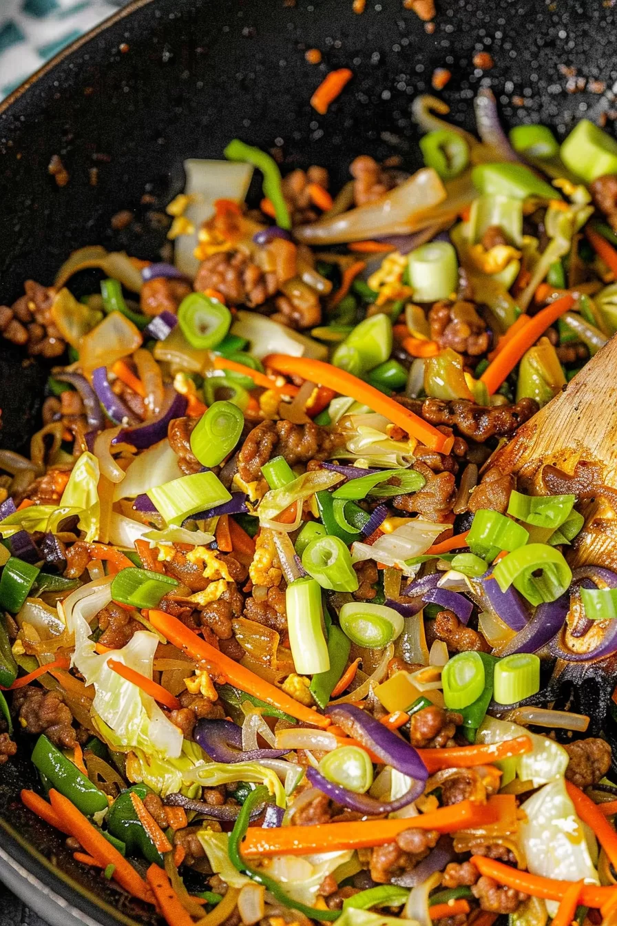 A wooden spoon stirring a mix of julienned carrots, bean sprouts, and crispy cooked ground meat in a wok.