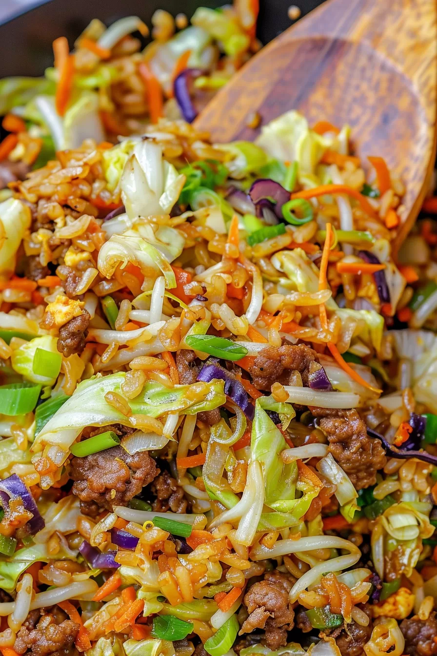 A vibrant skillet filled with a colorful mix of shredded vegetables and seasoned ground meat, topped with fresh green onions.