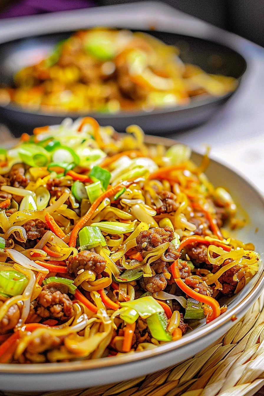 A plate of stir-fried vegetables and meat served as a hearty, colorful dish, ready to enjoy.