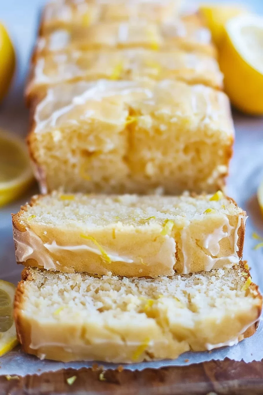 Slices of moist lemon bread with a drizzle of glaze, served on a rustic wooden board.