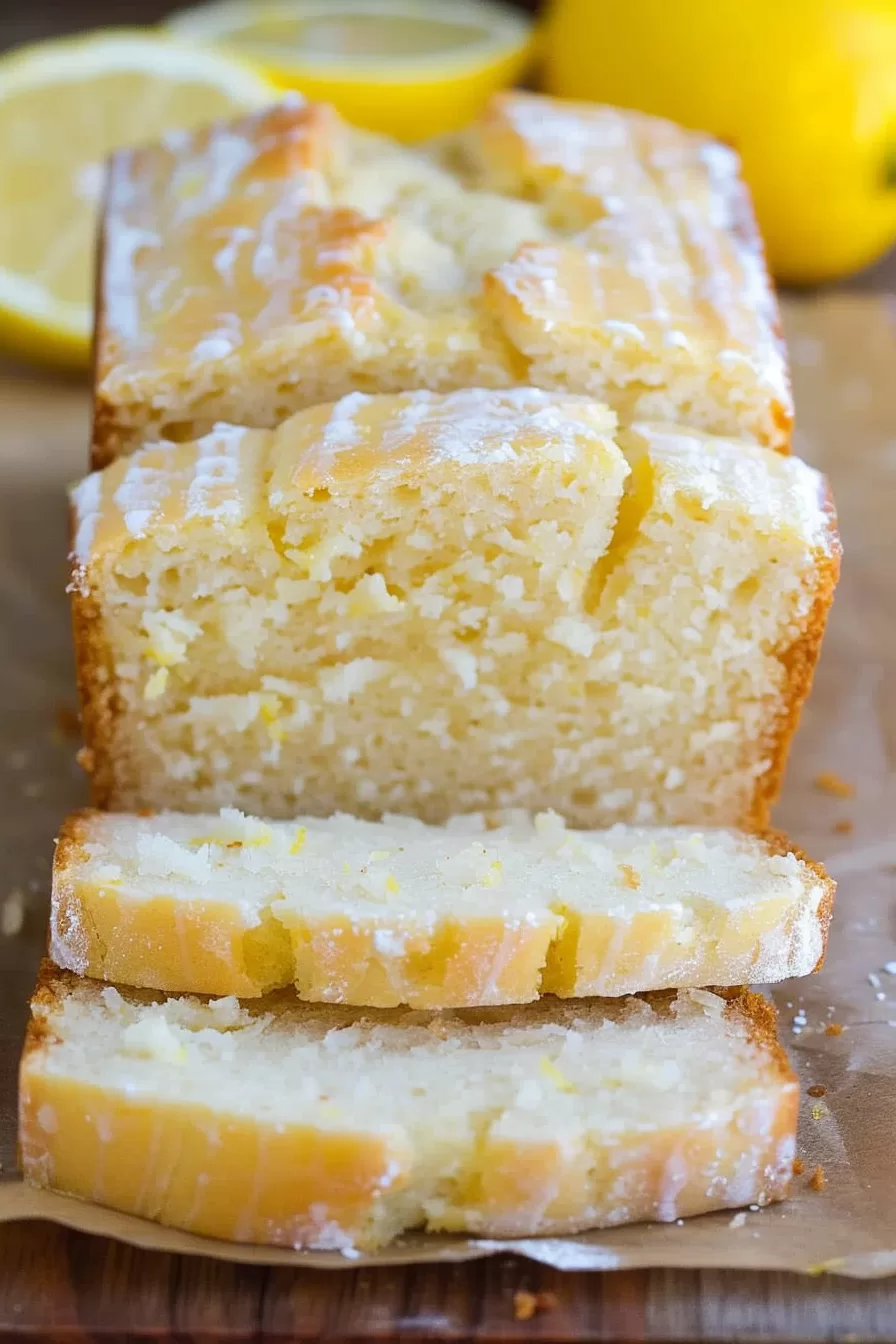 Close-up of a freshly sliced vegan lemon bread showcasing its soft and fluffy texture.