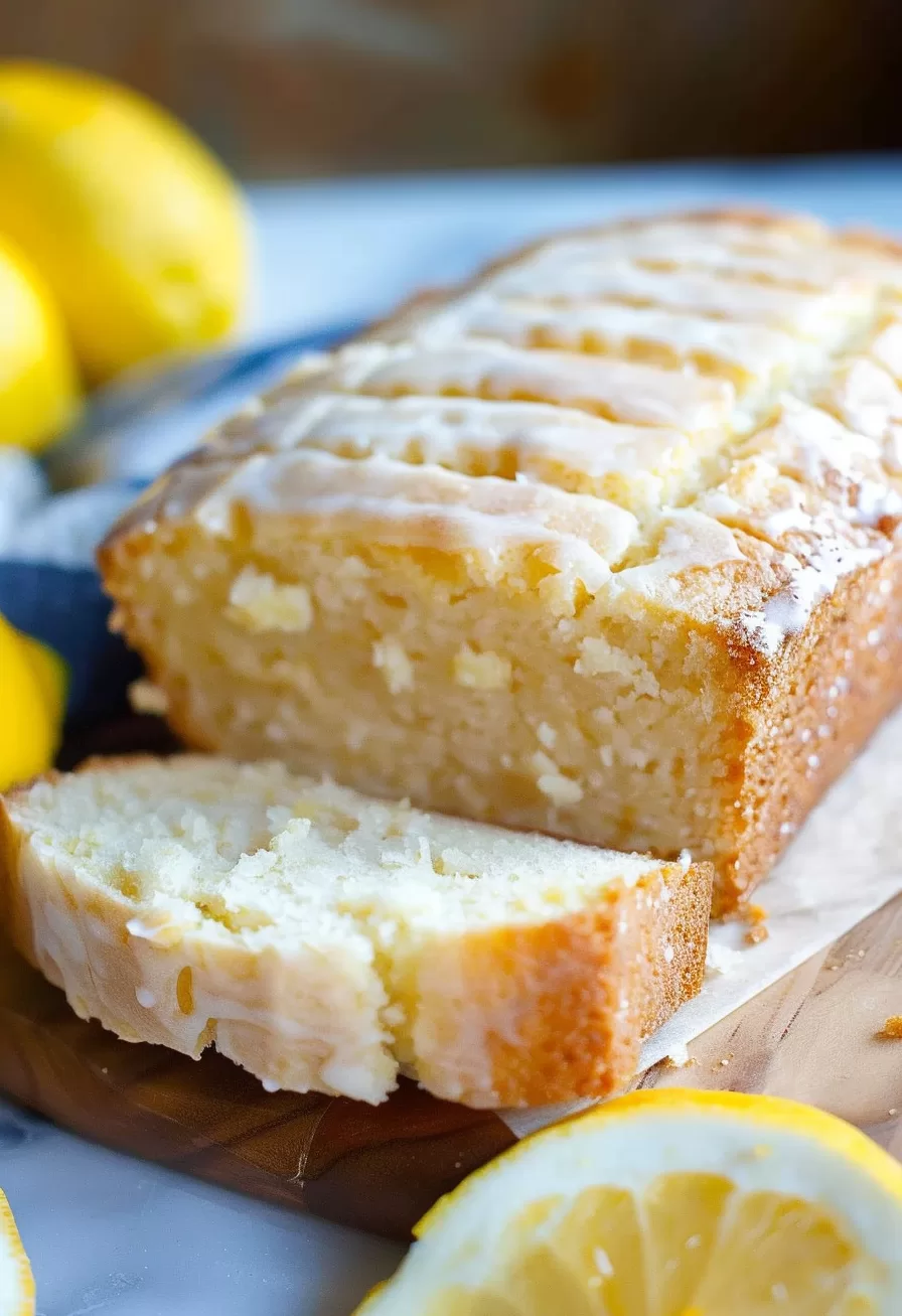 Side view of a lemon loaf slice with glaze dripping down, highlighting its moist interior.