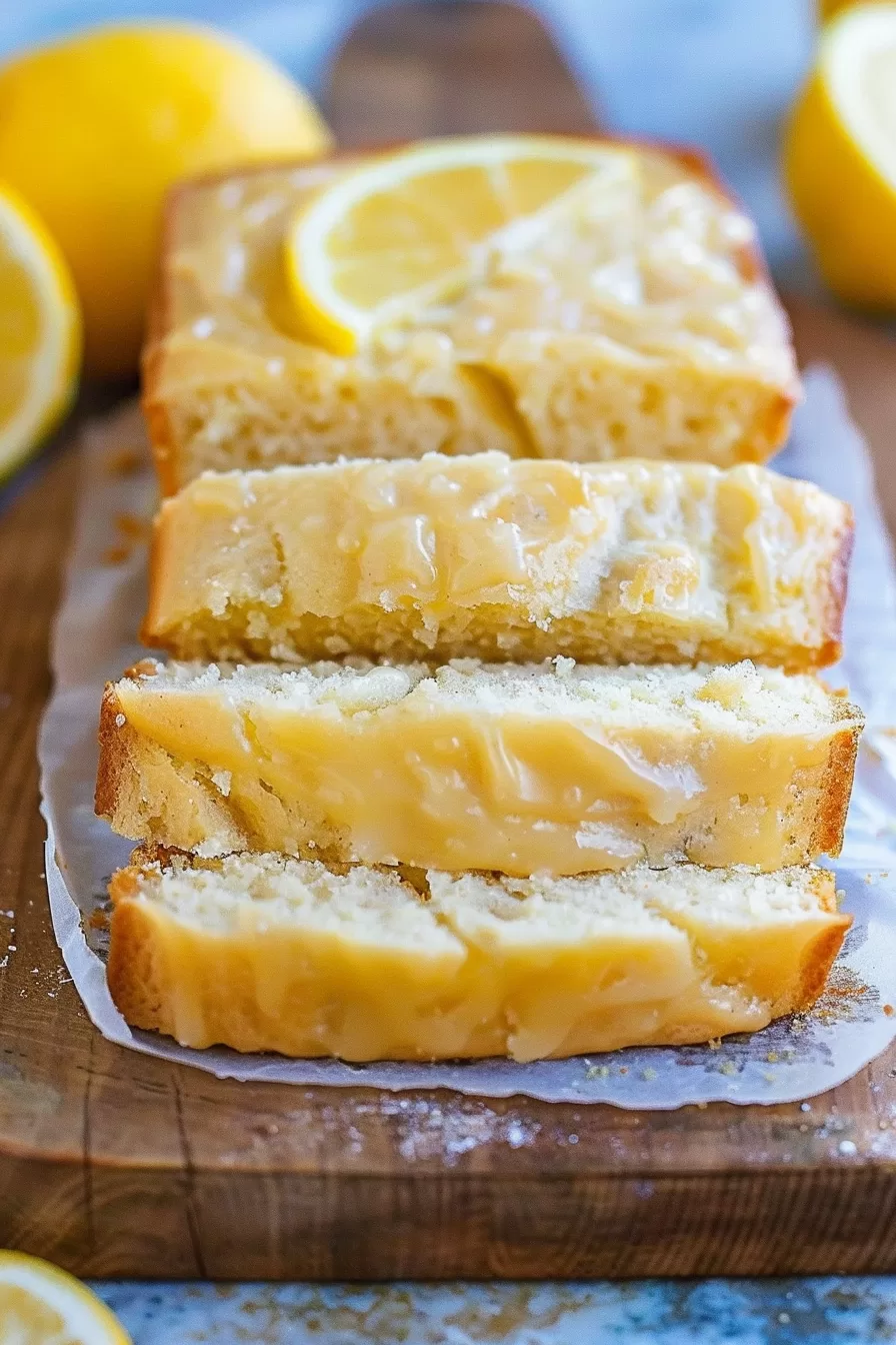 Golden loaf of lemon bread topped with a shiny lemon glaze, surrounded by fresh lemons.