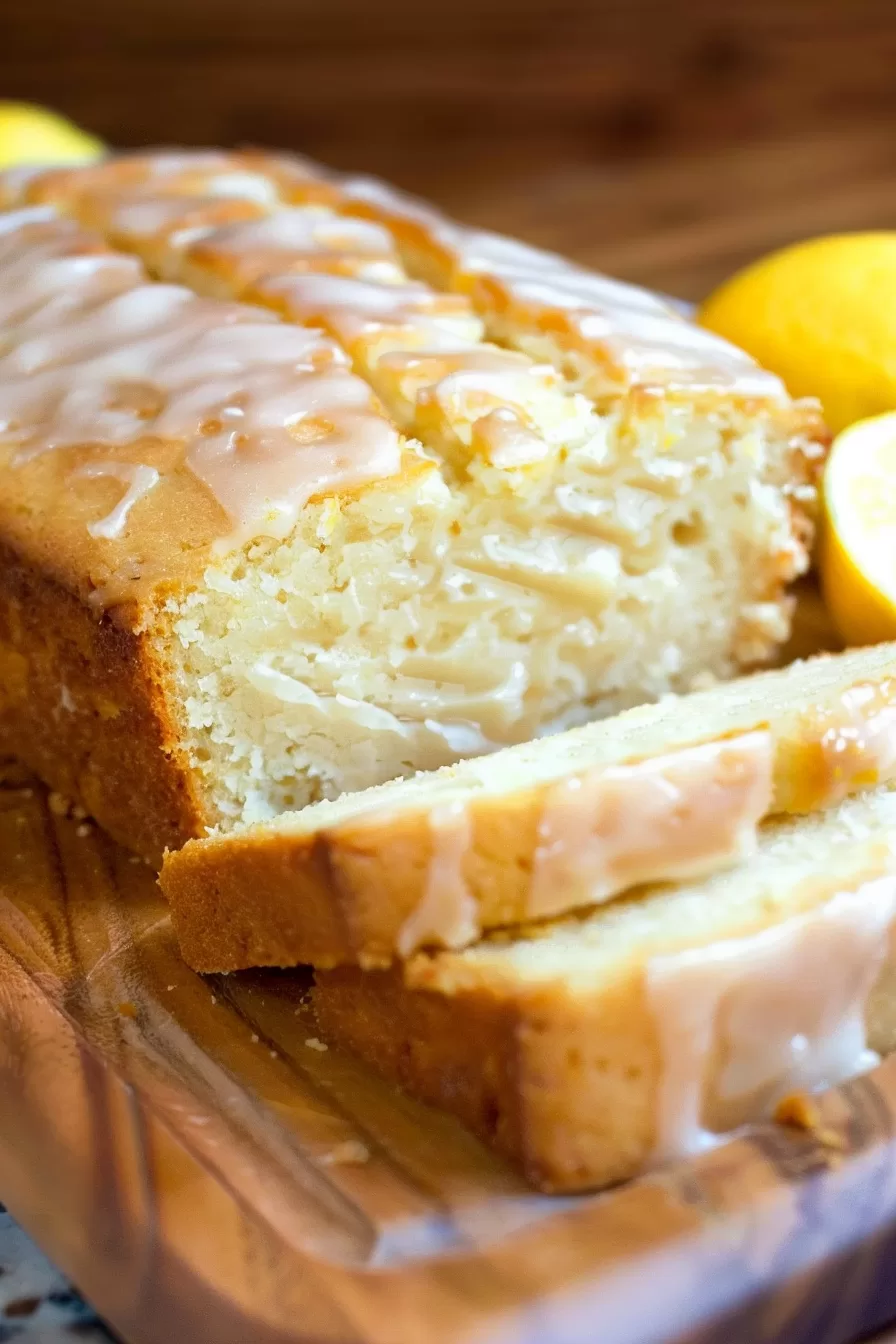 Freshly baked vegan lemon bread, sliced and displayed on parchment paper with lemon slices nearby.