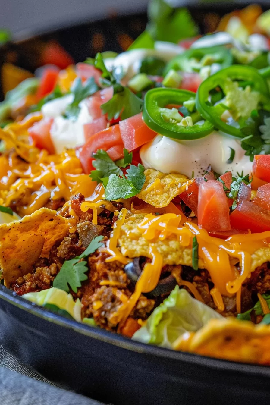 Close-up shot of a loaded Walking Taco Casserole topped with melted cheese, diced tomatoes, jalapeños, and a dollop of sour cream.