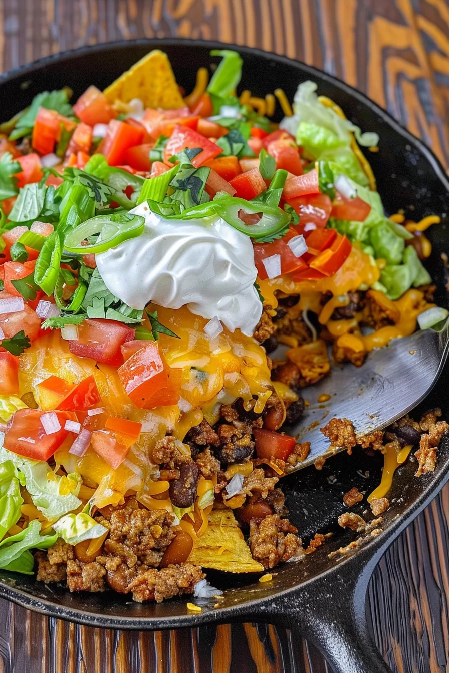 A skillet filled with Walking Taco Casserole featuring crispy tortilla chips, seasoned ground beef, and vibrant toppings of cilantro and cheese.