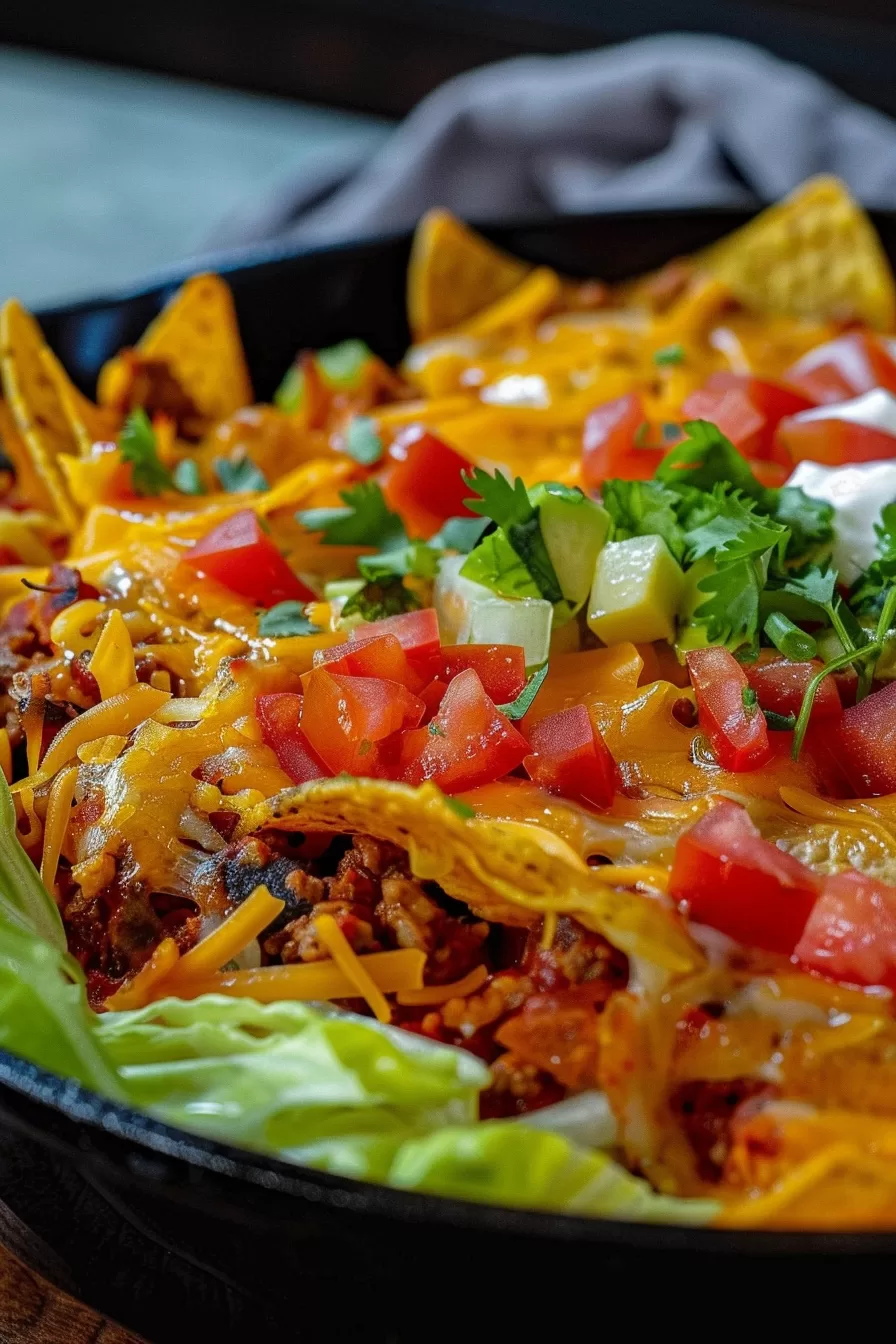 Freshly baked Walking Taco Casserole in a black cast iron skillet, garnished with sliced green onions, diced tomatoes, and melted cheese.