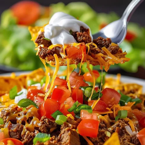 A spoonful of cheesy Walking Taco Casserole being lifted, showing layers of ground beef, chips, cheddar cheese, and fresh toppings.