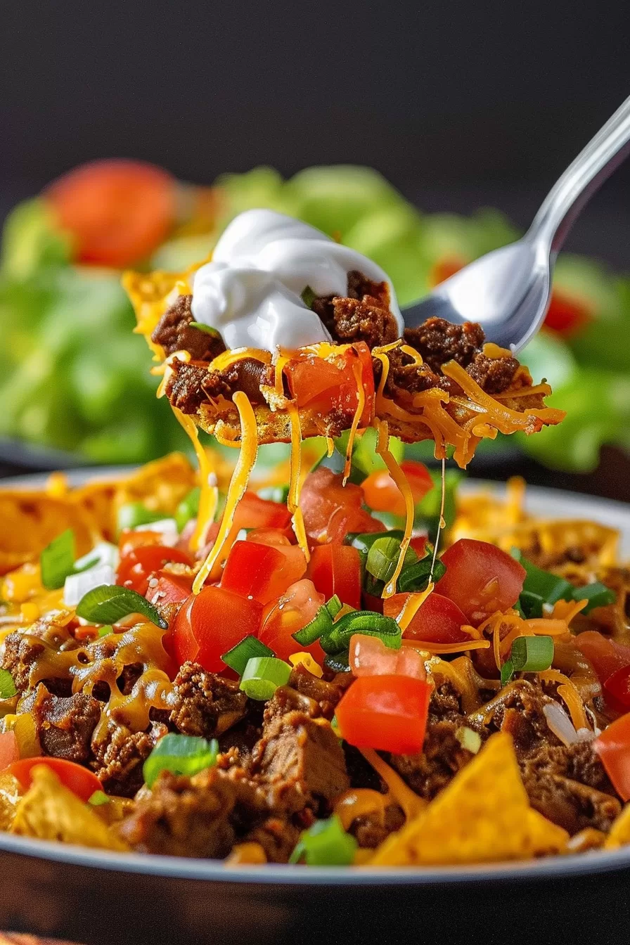 A spoonful of cheesy Walking Taco Casserole being lifted, showing layers of ground beef, chips, cheddar cheese, and fresh toppings.