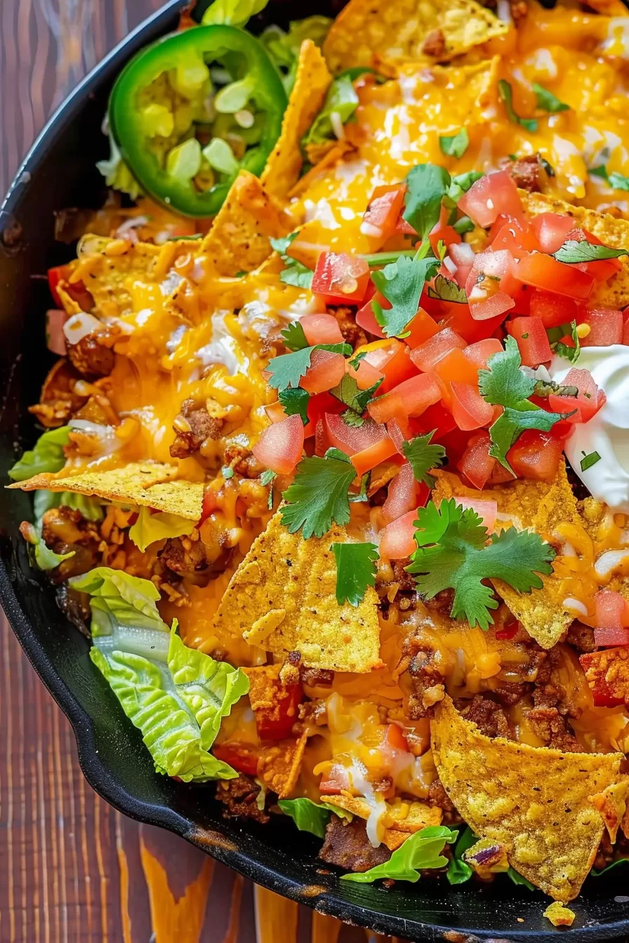 Golden tortilla chips layered with seasoned beef, melted cheese, and fresh vegetables in a vibrant Walking Taco Casserole dish.