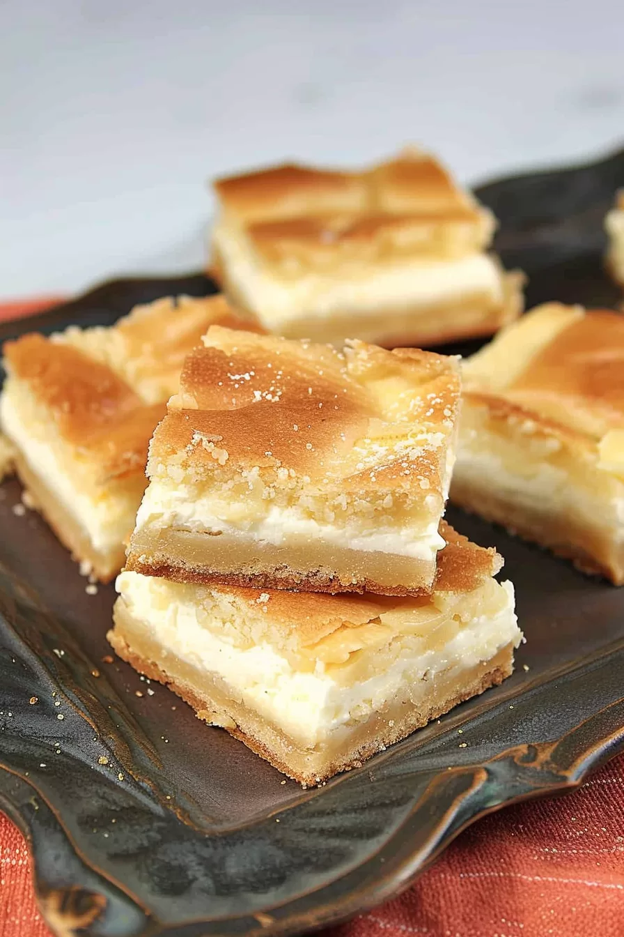 A mouthwatering side view of lemon cream cheese bars, showcasing their smooth filling and buttery crust, perfect for any dessert table.